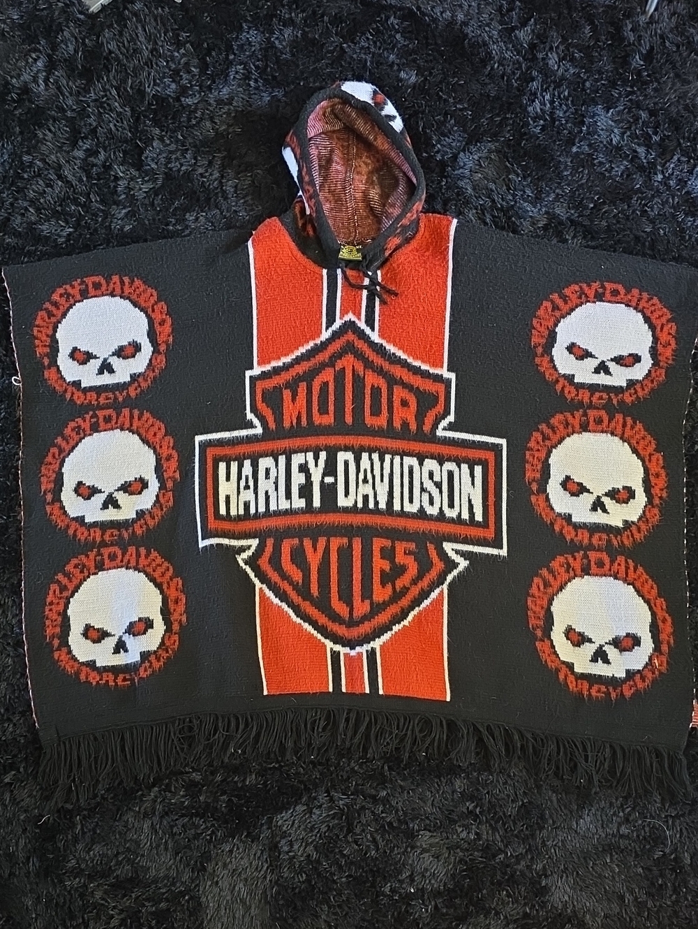 Harley-Davidson Black & Orange Shield Hooded Poncho with Skull